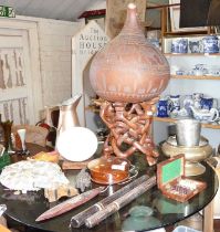 Assorted wooden items, an Ostrich egg, African carved hardwood stand and a large gourd with