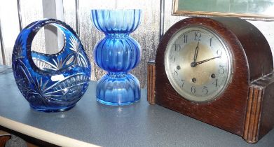 Two blue cut glass vases and a 1930s mantle clock