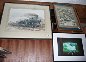 Watercolour of a 0-4-0 locomotive and tender with rolling stock and a framed commendation for the