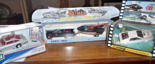 Batmobile & Bat boat in facsimile gift box, a similar James Bond Aston Martin and a boxed Corgi
