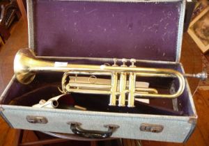 A Sonora brass trumpet with case etc