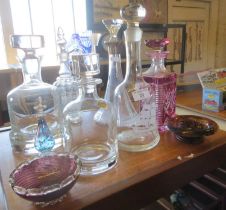 Six various glass decanters & other glass
