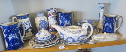 Collection of assorted blue & white china including graduated set of three Flo-blue jugs (A/F),