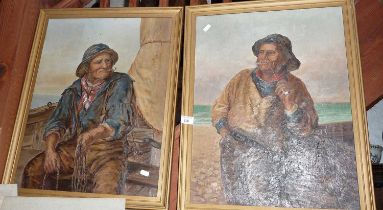 Pair of Victorian oils on canvas portraits of fishermen smoking clay pipes, unsigned, 22" x 18"