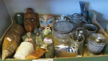 Miscellaneous including pewter tankards, glassware & tourist wood masks etc