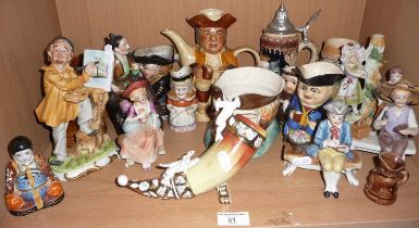 Group of china figurines, Toby jugs etc, inc. USSR china hunting horn