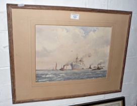 Arthur J.F. Bond (1888-1958) watercolour of a cargo liner entering harbour with tugs and titled "