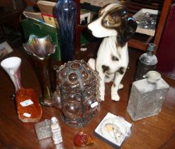 Small Whitefriars orange bark glass vase, other glassware including Venetian iron & glass porch
