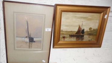 Watercolour of a yacht at low water by J. Vernon-Hunt, and an oil on board of a wherry, signed J.