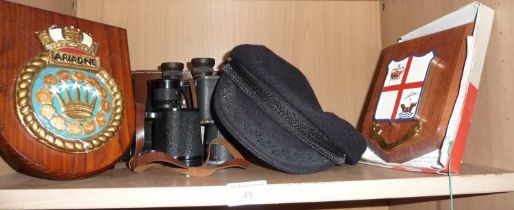 Two pairs of binoculars, a yachting cap and two ship's plaques