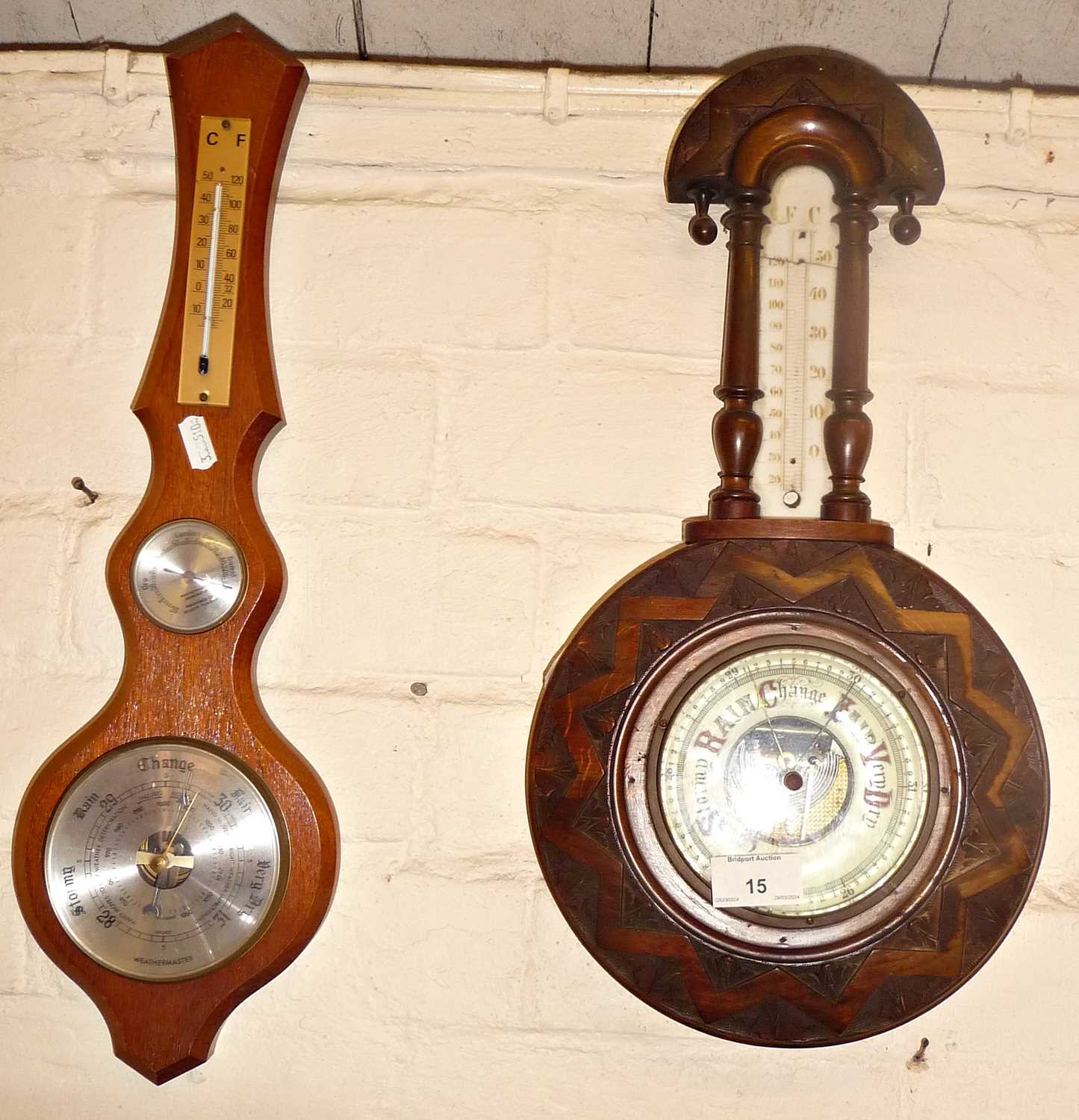 Carved banjo-shaped barometer, and another