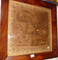 19th c. sampler of a house and figures by Ellen Adams 1838, in mahogany frame 24" x 24"