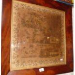 19th c. sampler of a house and figures by Ellen Adams 1838, in mahogany frame 24" x 24"