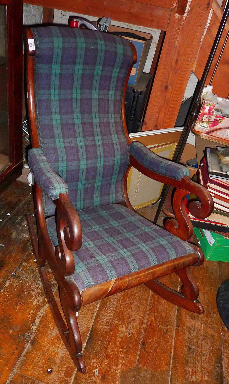 Victorian mahogany rocking chair with tartan upholstery - Image 2 of 2