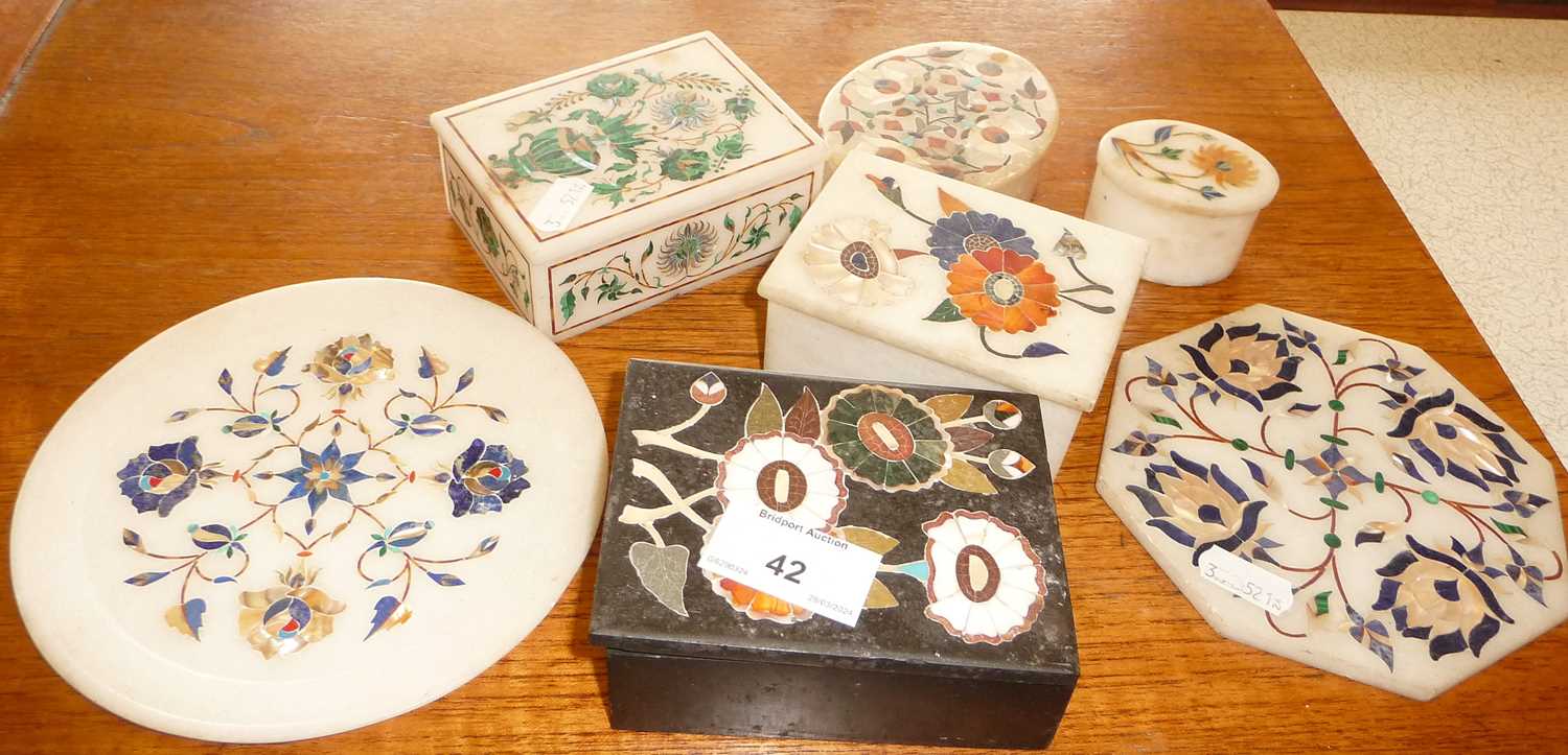 Five pietra dura type inlaid boxes and two similar stands