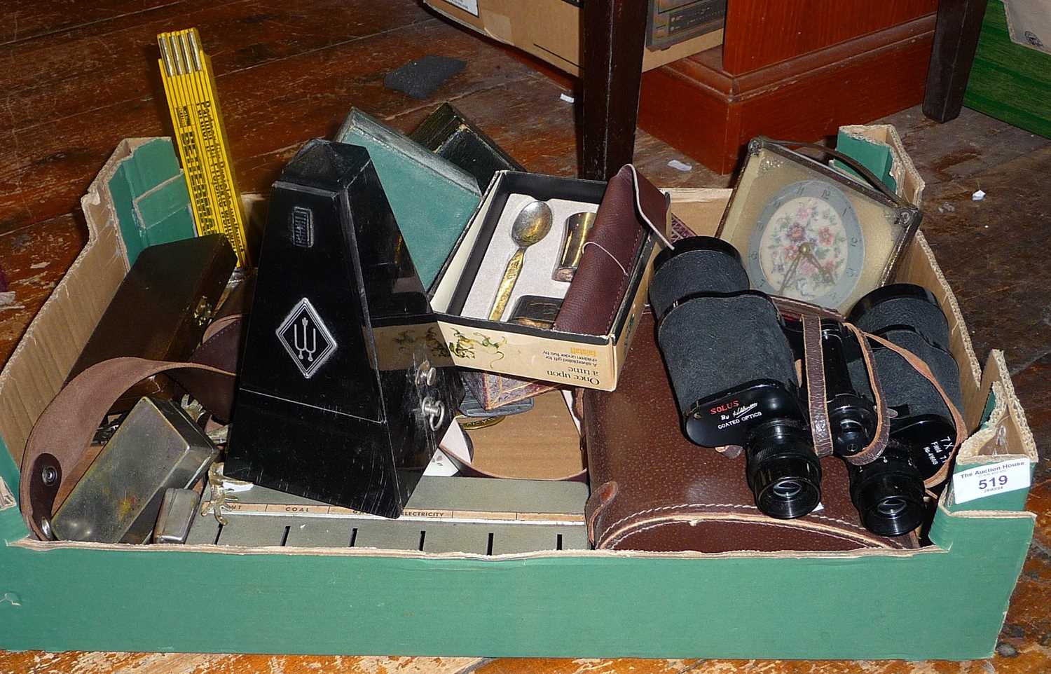 Box of interesting items, inc. Victorian leather jewellery boxes, metronome, binoculars etc.