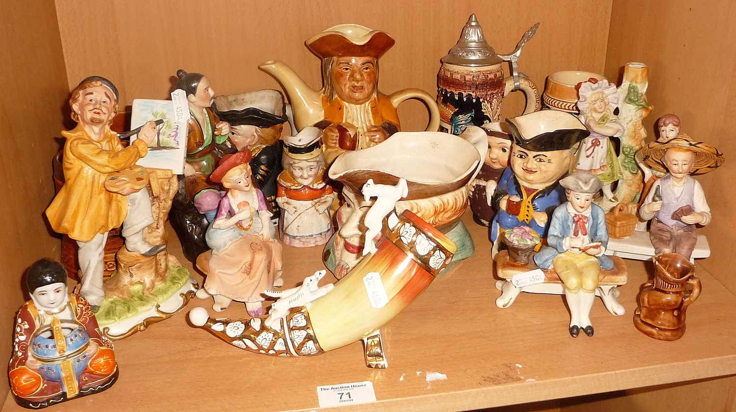 Group of china figurines, Toby jugs etc, inc USSR china hunting horn