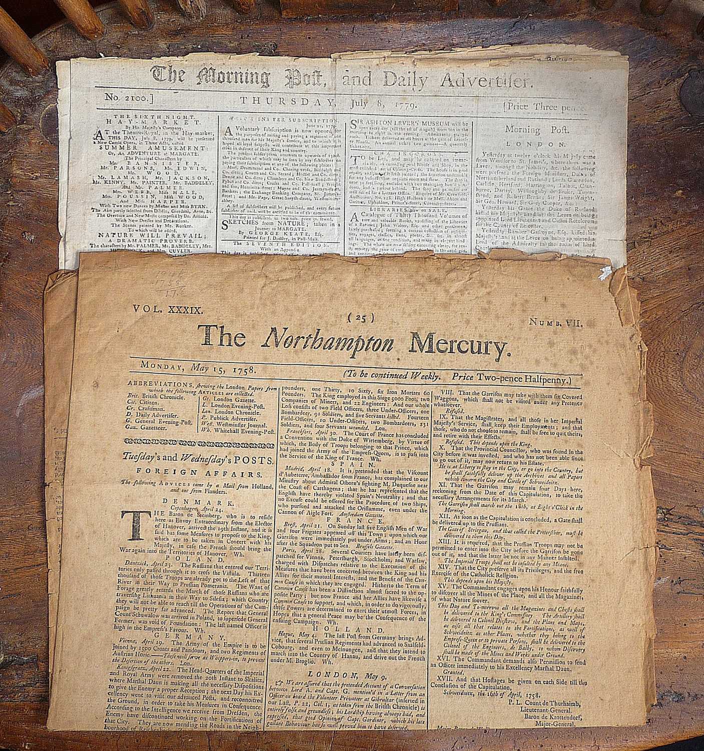 1758 issue of The Northampton Mercury newspaper and a 1779 Morning Post and Advertiser