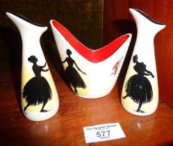 1950's Wade Ballet pattern vases, (tallest approx 11.5cm)