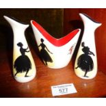 1950's Wade Ballet pattern vases, (tallest approx 11.5cm)