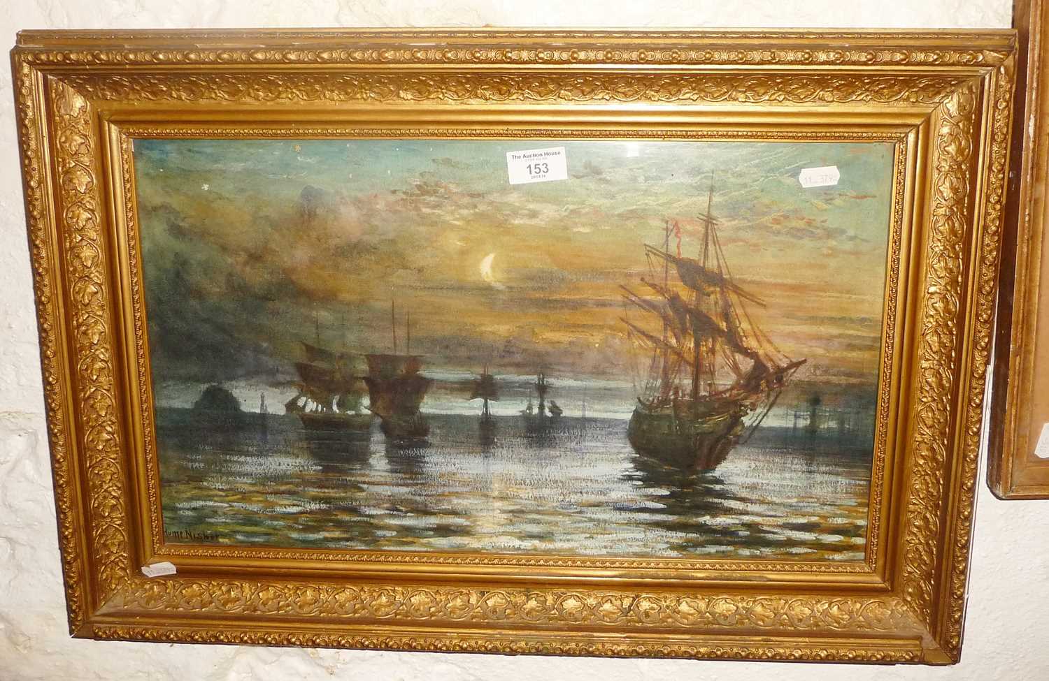Herkis Hume Nisbet (1848-1923) an oil on paper of a moonlit marine scenewith sailing ships, 17" x - Image 2 of 2