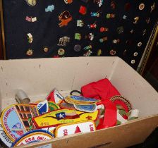 Box of cloth Longhorn Council and Scouting badges, together with enamel badges, inc. RAOB and PGL