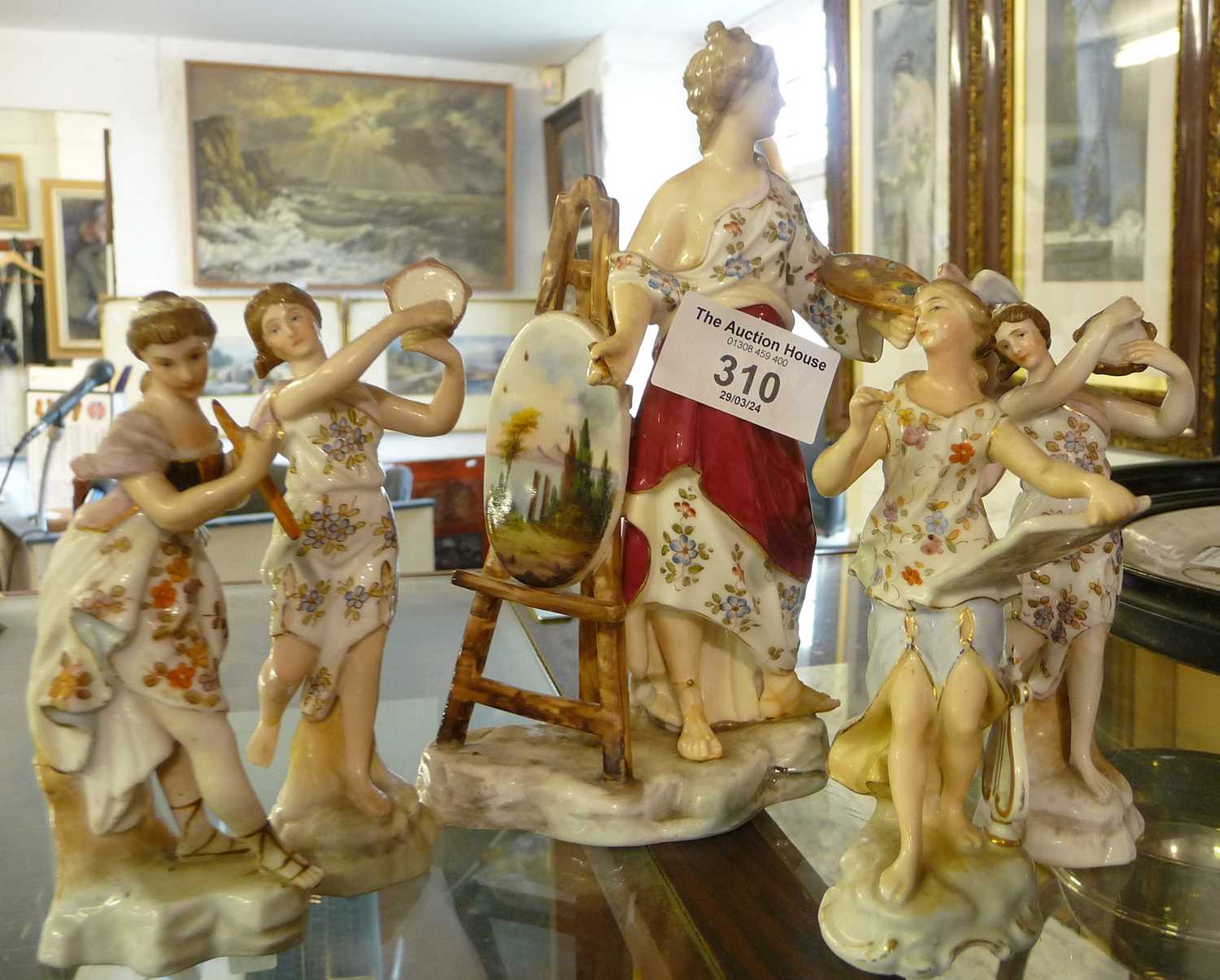 Four German porcelain figures of lady musicians and a Continental porcelain figurine of a lady - Image 2 of 2