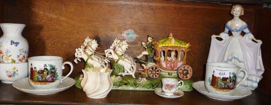 Victorian Welsh Tea Party moustache cup and saucer x 2, Belleek pot etc. (one shelf)