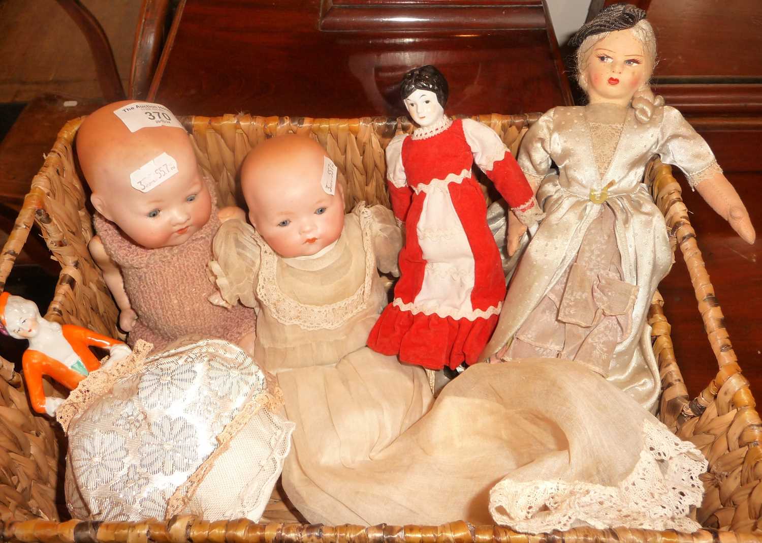 Two antique German porcelain headed baby dolls, a pin cushion doll and two others - Image 2 of 2