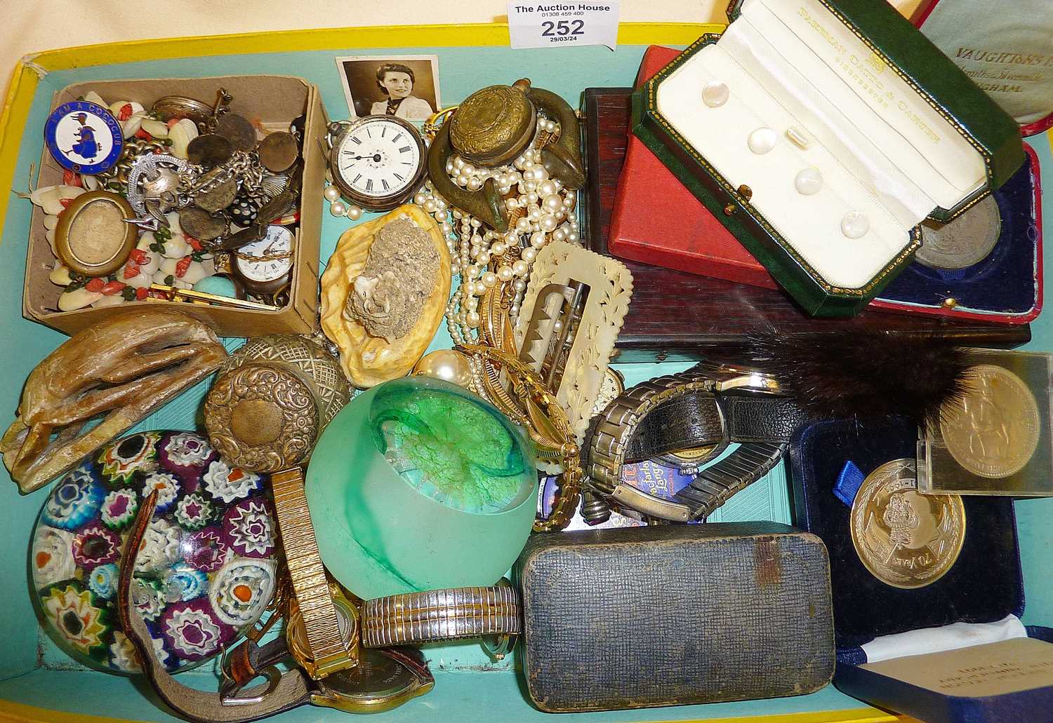 Cased medallions and coins, wrist watches, draughtsman's boxed set, glass paperweights, old - Image 4 of 4