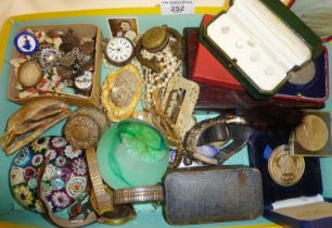 Cased medallions and coins, wrist watches, draughtsman's boxed set, glass paperweights, old