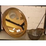 Art Nouveau-style brass oval dressing mirror, a Danish Art pewter bowl and a terracotta jug with