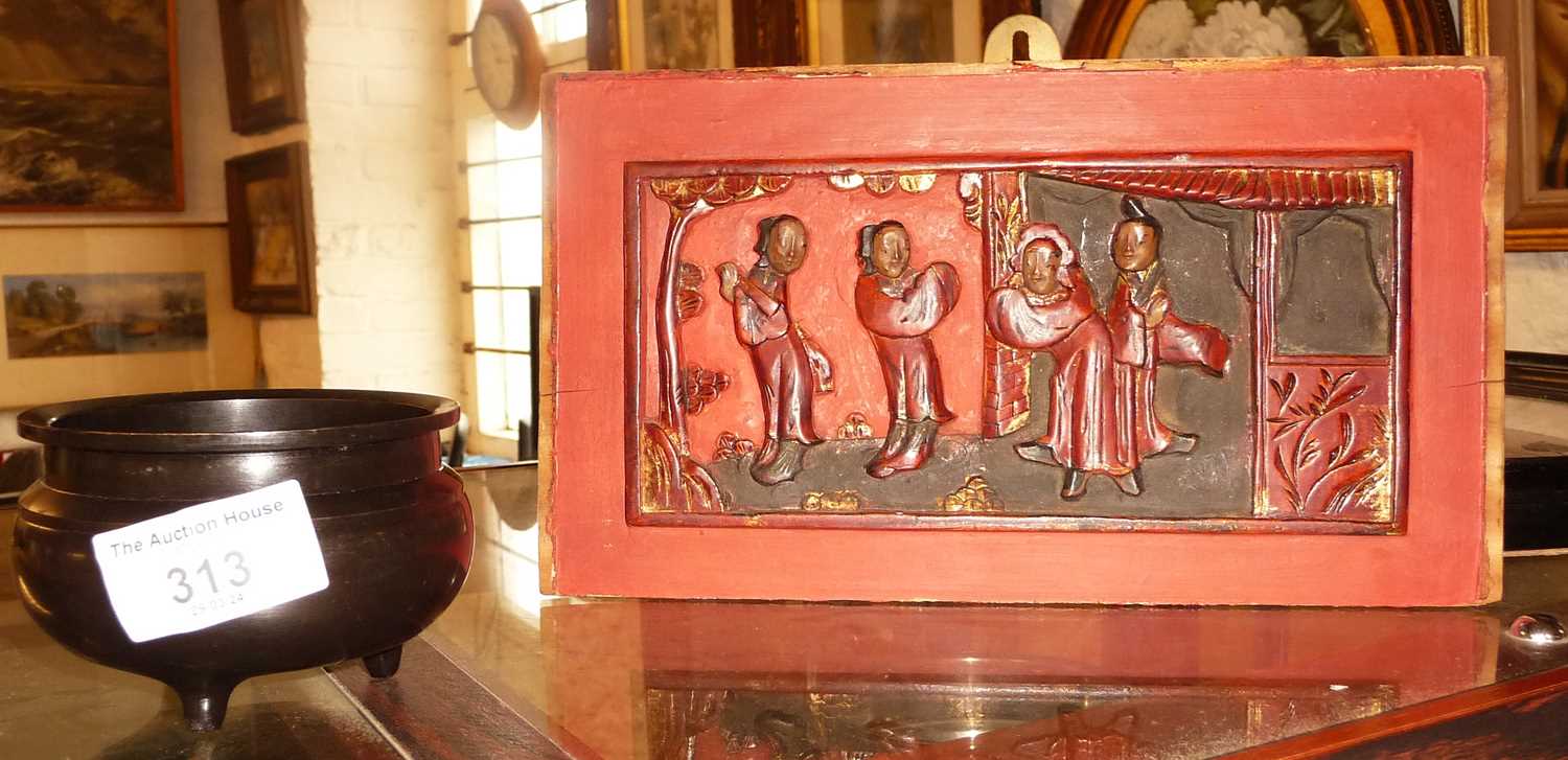 Chinese carved and lacquered panel with figures, 14cm x 24cm. Together with a small Chinese bronze