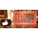 Chinese carved and lacquered panel with figures, 14cm x 24cm. Together with a small Chinese bronze