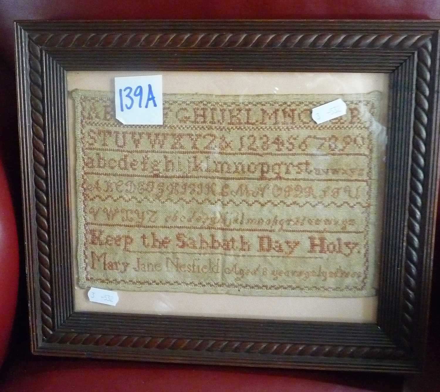 Framed sampler of alphabet and "Keep the Sabbath Day Holy" by Mary Jane Nestfield aged 8 years dated - Image 2 of 2