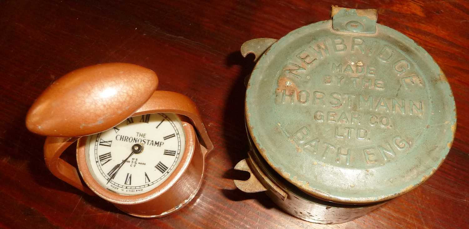 Silver handled cake slice, pocket watches, old framed photos and some time stamp clocks - Image 3 of 6