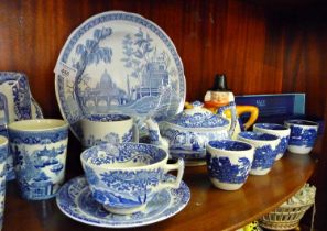 Willow pattern and other blue and white china by various makers, inc. Wedgwood, Spode, Wood & Sons