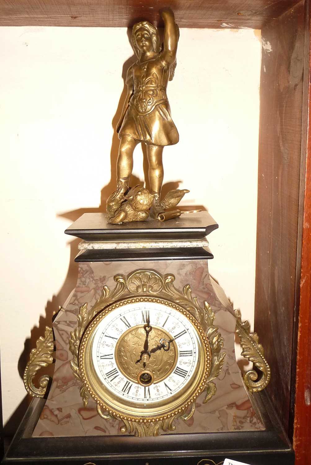 French ormolu mounted and shaped marble mantle clock having brass and enamel dial surmounted by - Image 2 of 2