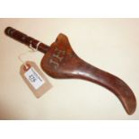 Antique treen fruitwood goose wing knitting sheath decorated with initials I.H., approx. 27cm long