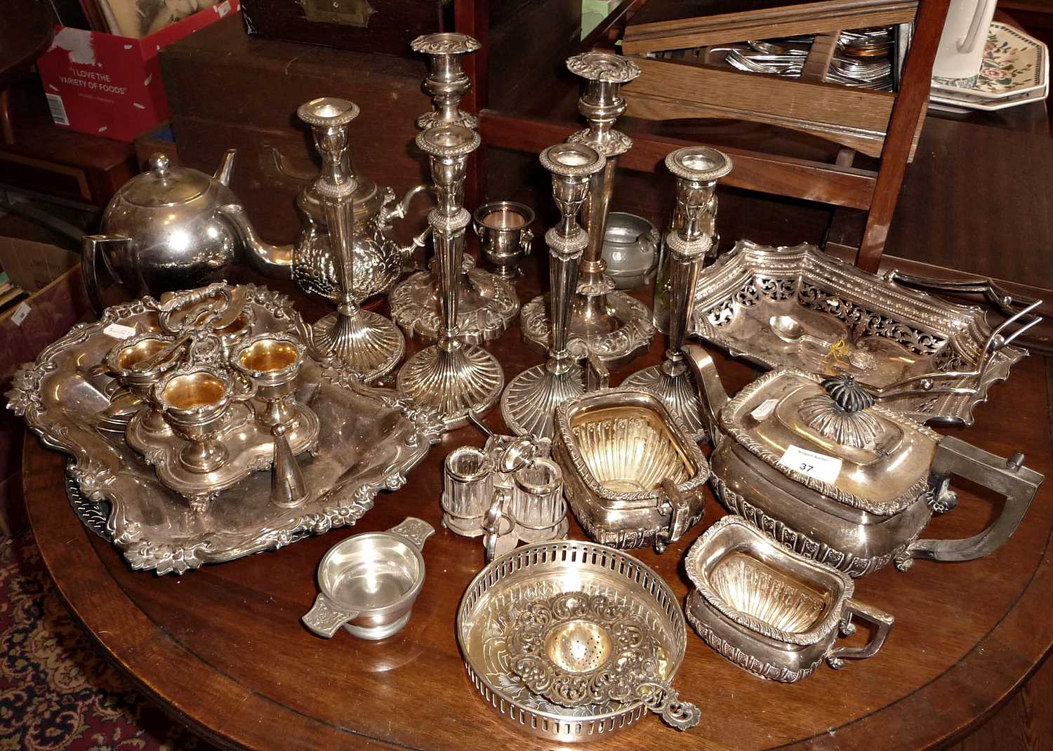 Large quantity of assorted silver plate including Victorian bread tray, candlesticks, teaset with
