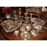 Large quantity of assorted silver plate including Victorian bread tray, candlesticks, teaset with