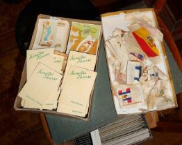 Box of Kensitas cigarette cards, inc. Henry Cartoons, and Kensitas silk flowers, together with a box