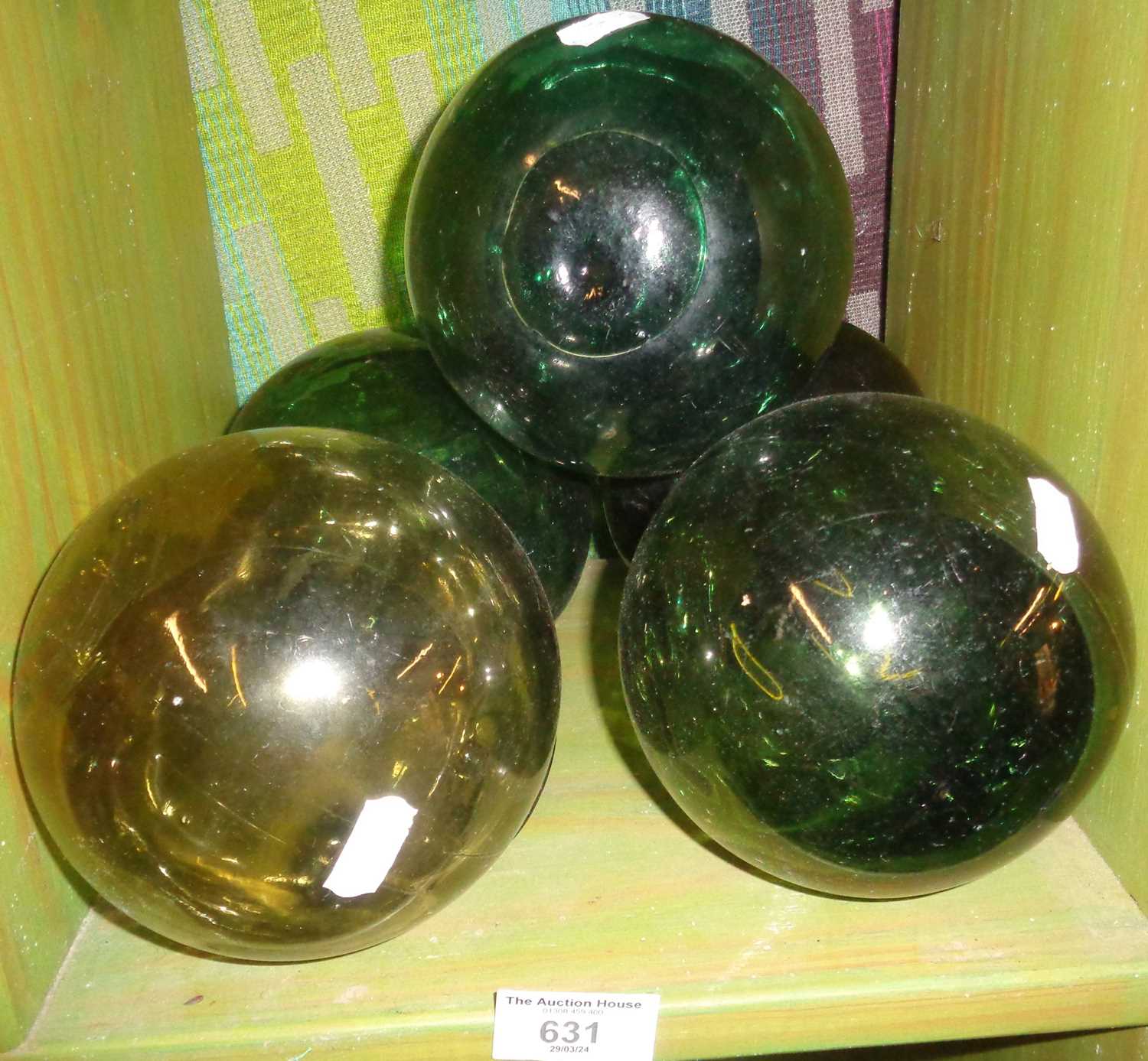 Five green glass net floats