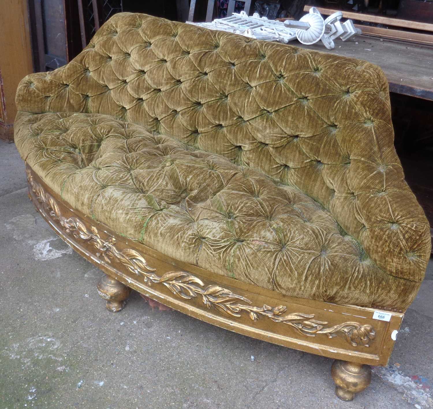 19th c. button backed velvet covered window seat above giltwood frieze & bun feet, 61" long x 32"
