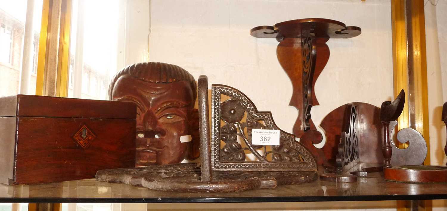Pair of fretwork mahogany wall brackets, another carved similar, Victorian mahogany cup and saucer