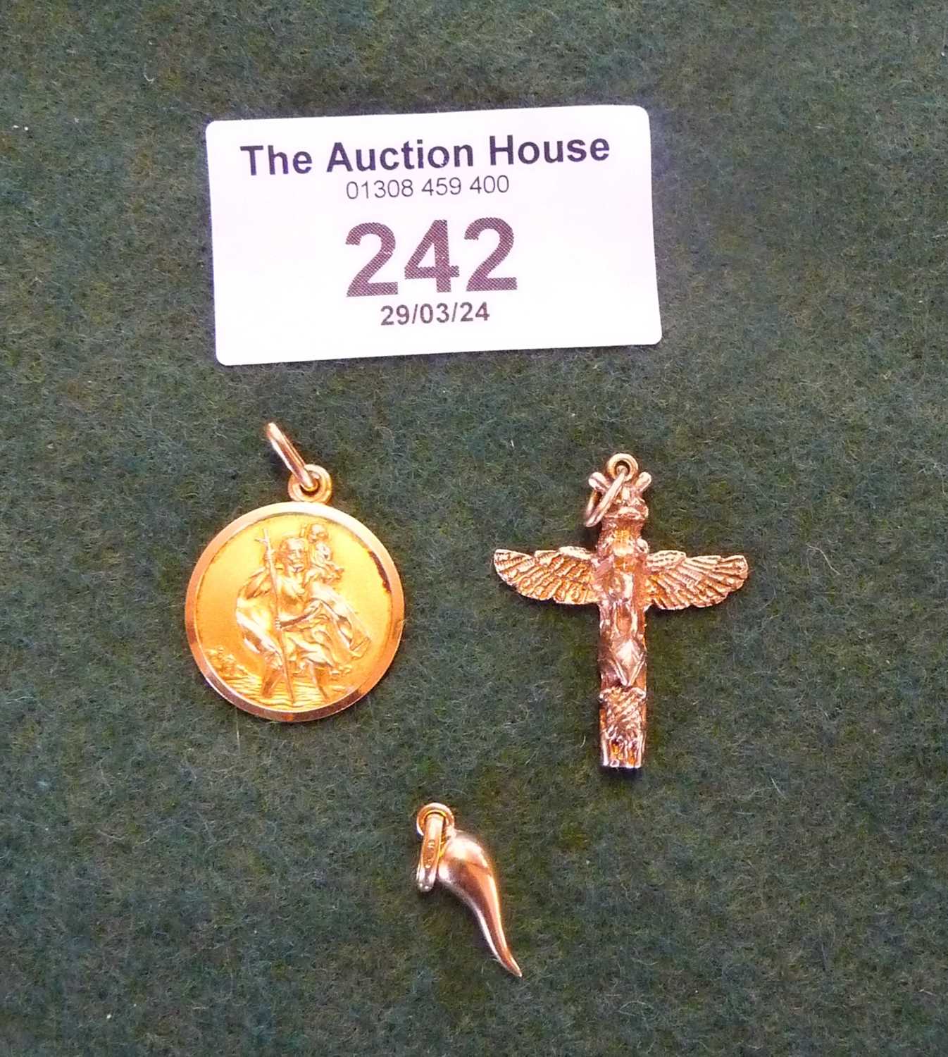 18ct gold St. Christopher, Cornicello charm, and a 10ct totem pole charm. Combined weight approx. - Image 2 of 2