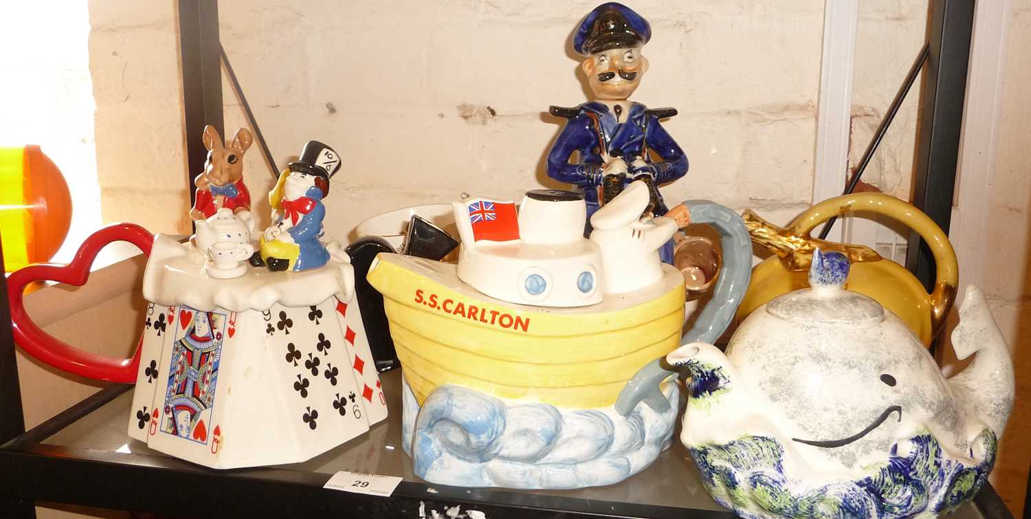 Carltonware ship teapot. a Price Kensington Whale teapot, a Mad Hatter china novelty teapot etc