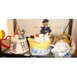 Carltonware ship teapot. a Price Kensington Whale teapot, a Mad Hatter china novelty teapot etc