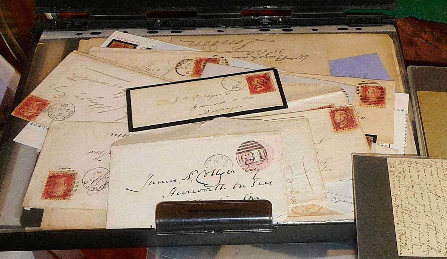 QV stamped envelopes, Penny Reds, some letters and ephemera, good Postal History lot - Image 3 of 6