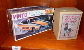 Pinto Johan Torrid Little Funny Car model kit in box, and a contemporary tinplate boxed Minnie